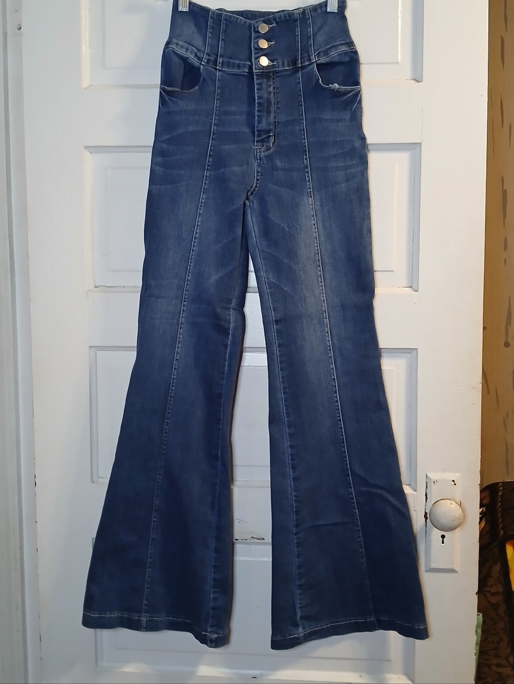 Jealous Tomato Denim High Rise Flare Jeans Womens M Button Front Wide Leg Retro